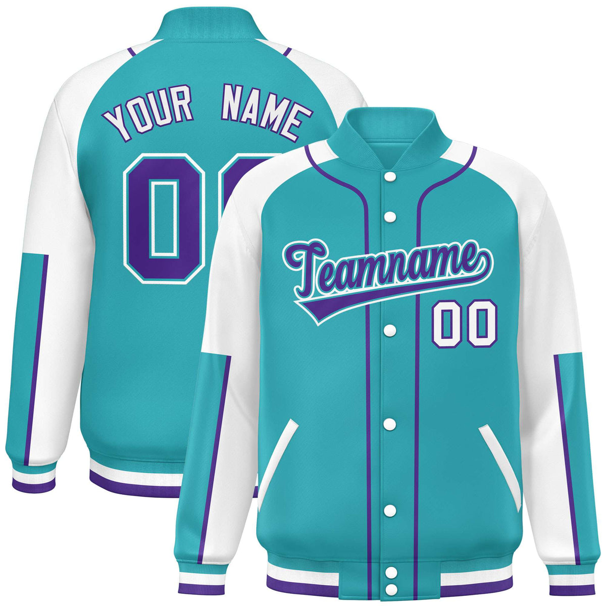 Custom Aqua White-Aqua Varsity Full-Snap Color Block Letterman Jacket