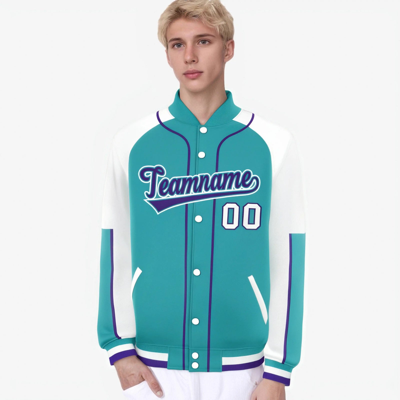 Custom Aqua White-Aqua Varsity Full-Snap Color Block Letterman Jacket