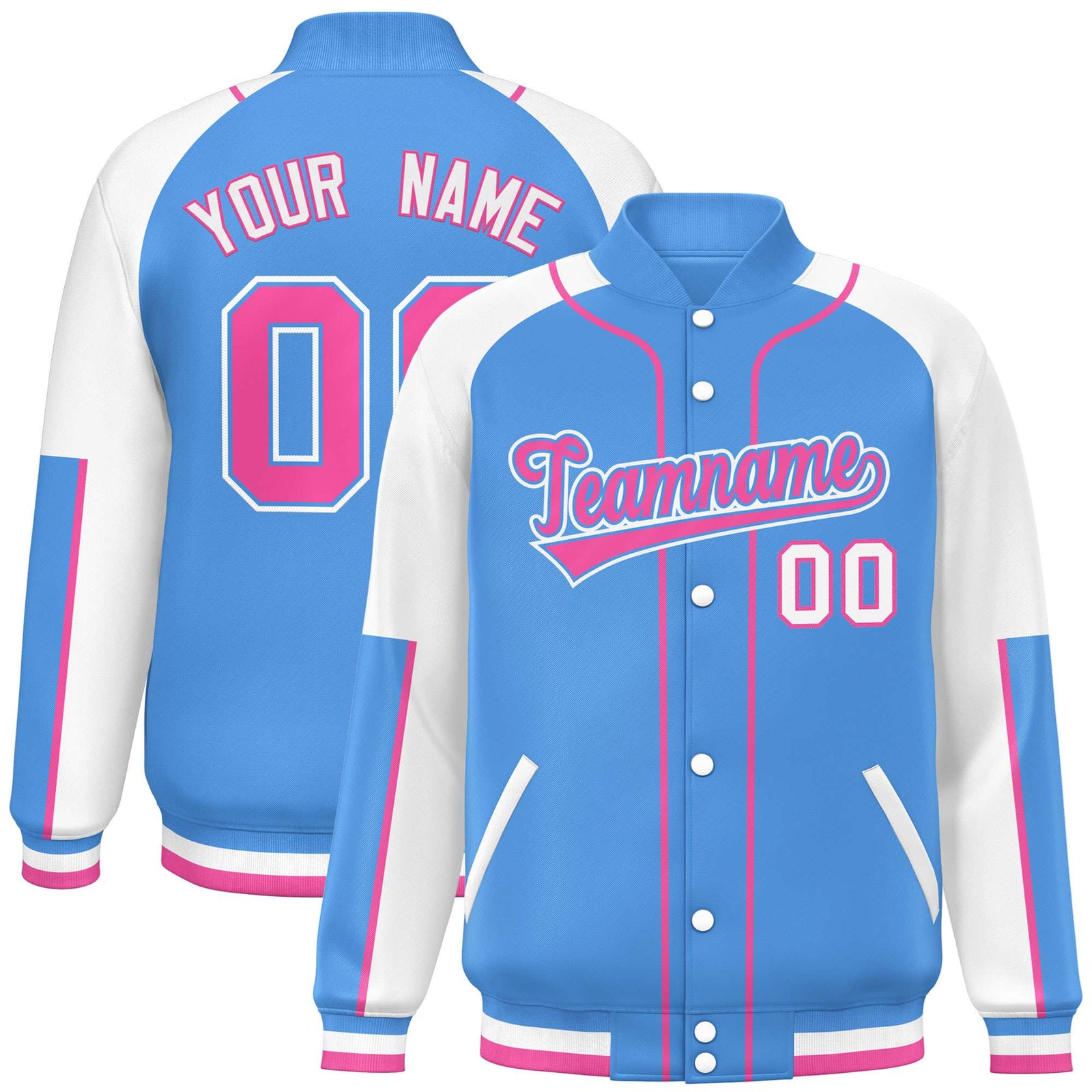 Custom Powder Blue White-Powder Blue Varsity Full-Snap Color Block Letterman Jacket