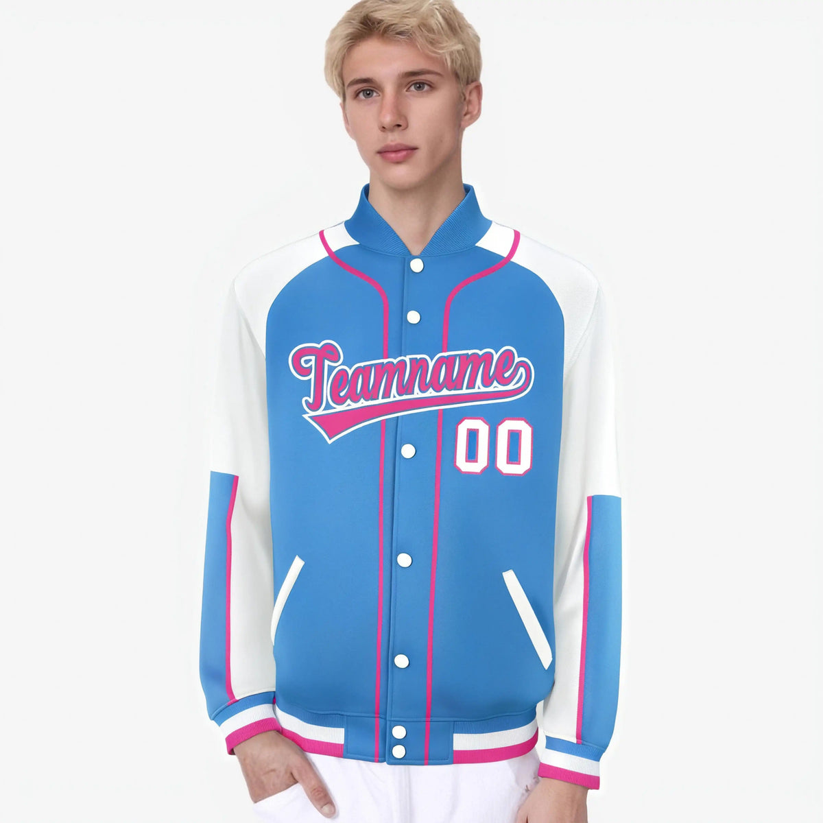 Custom Powder Blue White-Powder Blue Varsity Full-Snap Color Block Letterman Jacket