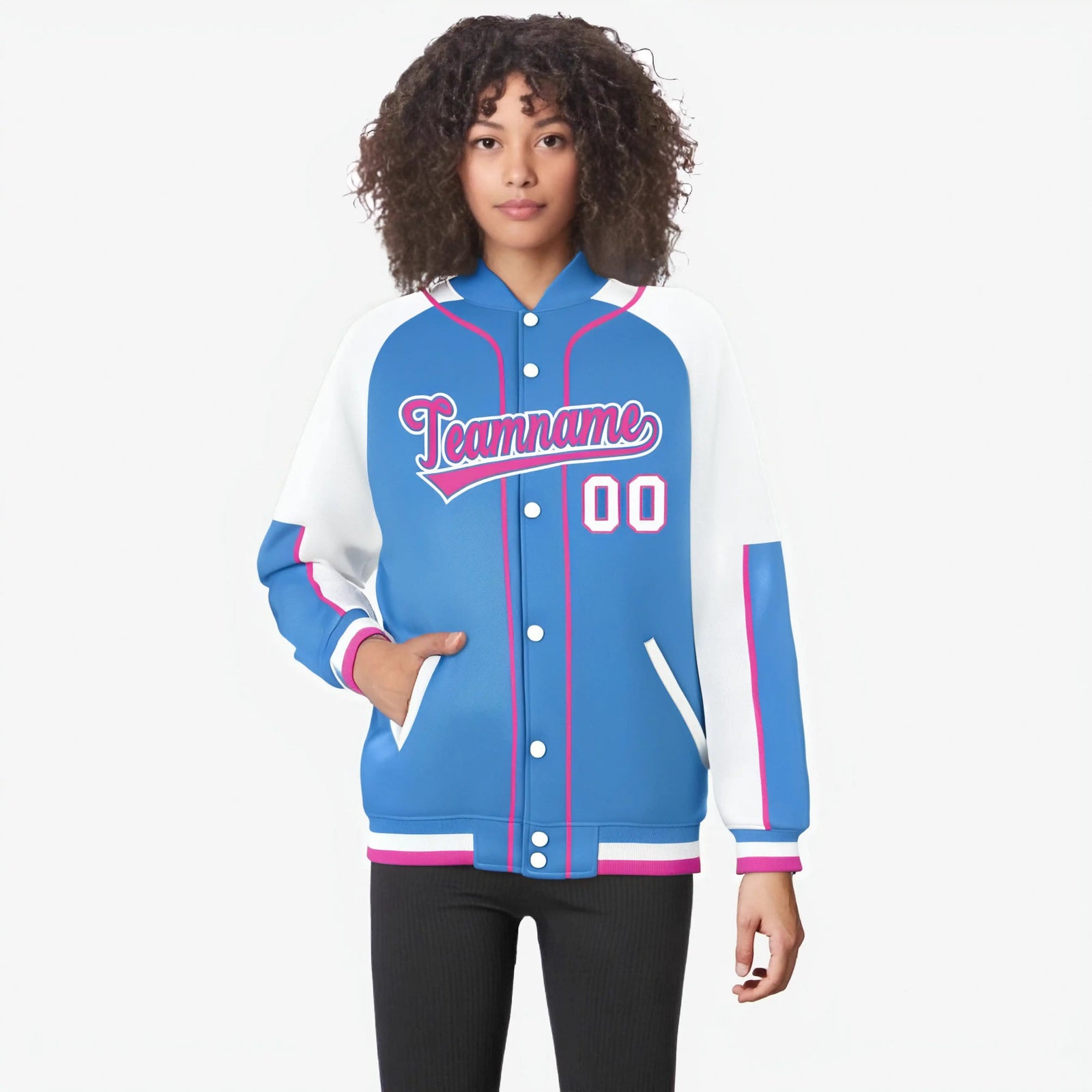 Custom Powder Blue White-Powder Blue Varsity Full-Snap Color Block Letterman Jacket