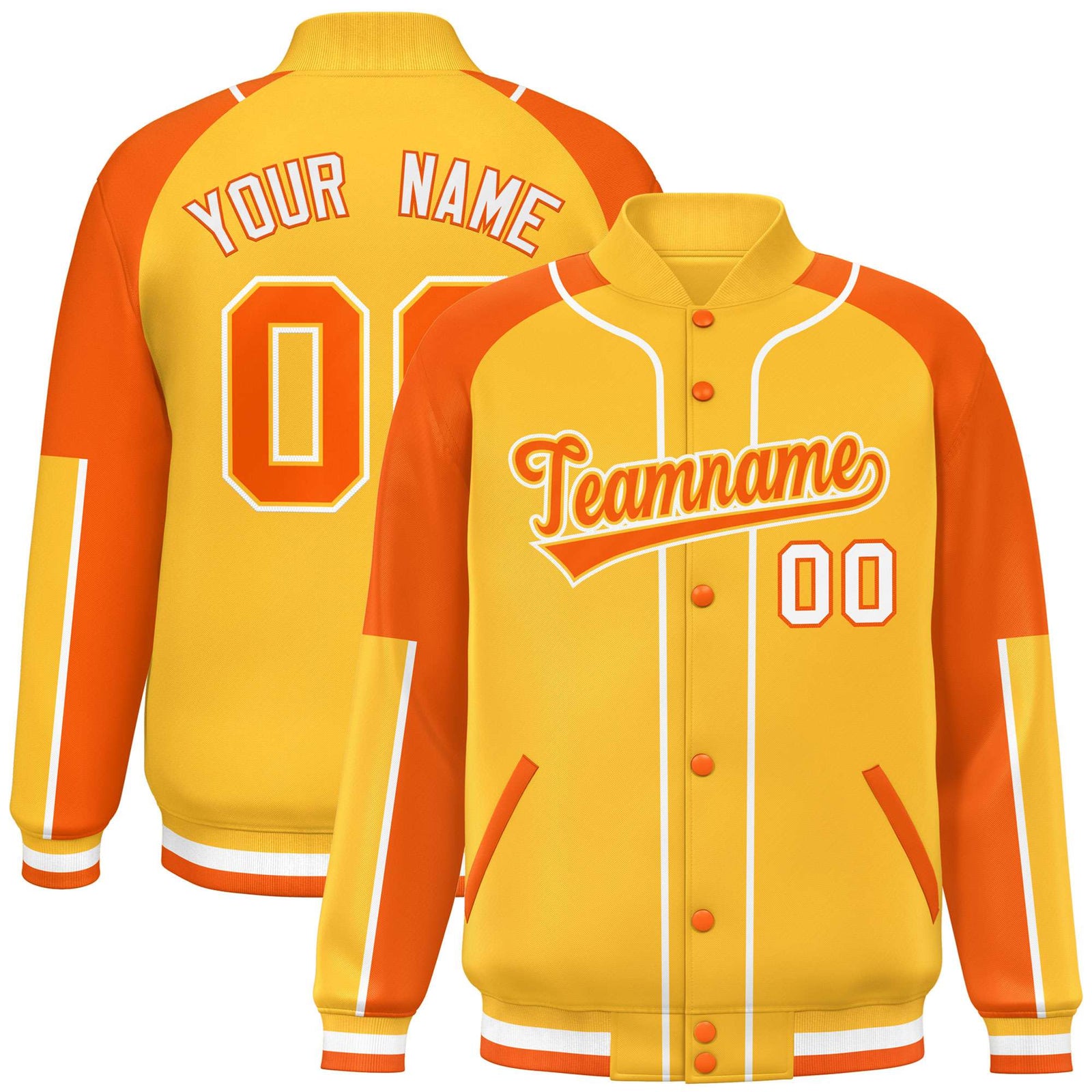 Custom Gold Blue Orange-Gold Varsity Full-Snap Color Block Letterman Jacket