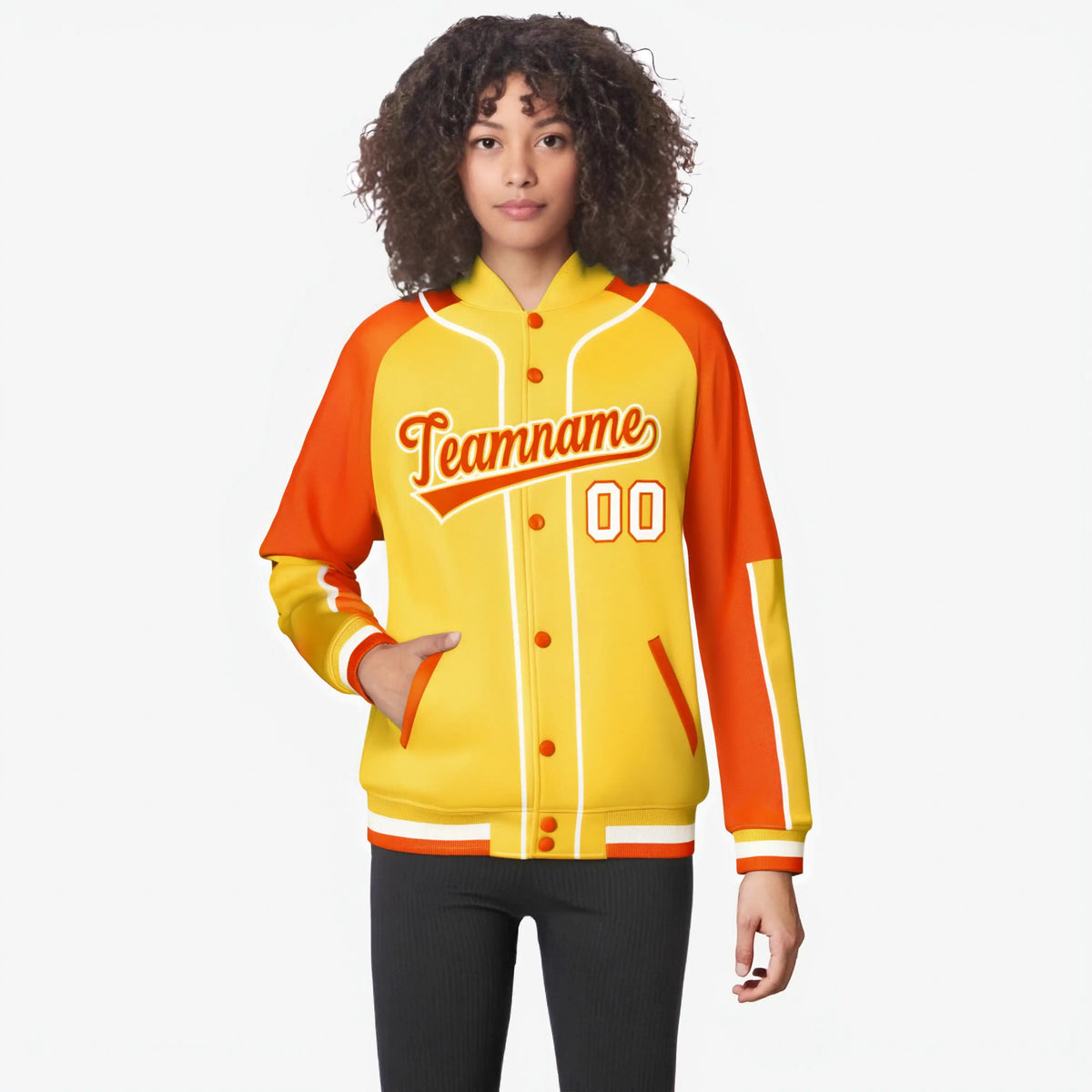 Custom Gold Blue Orange-Gold Varsity Full-Snap Color Block Letterman Jacket