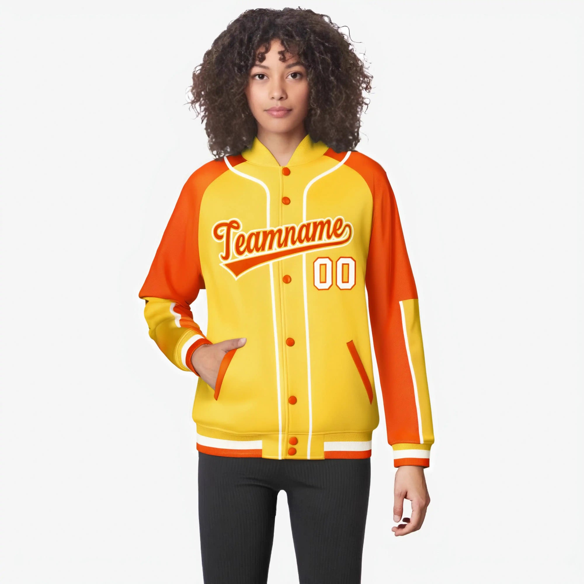 Custom Gold Blue Orange-Gold Varsity Full-Snap Color Block Letterman Jacket