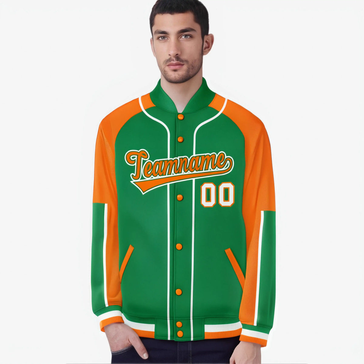 Custom Kelly Green Orange-Kelly Green Varsity Full-Snap Color Block Letterman Jacket