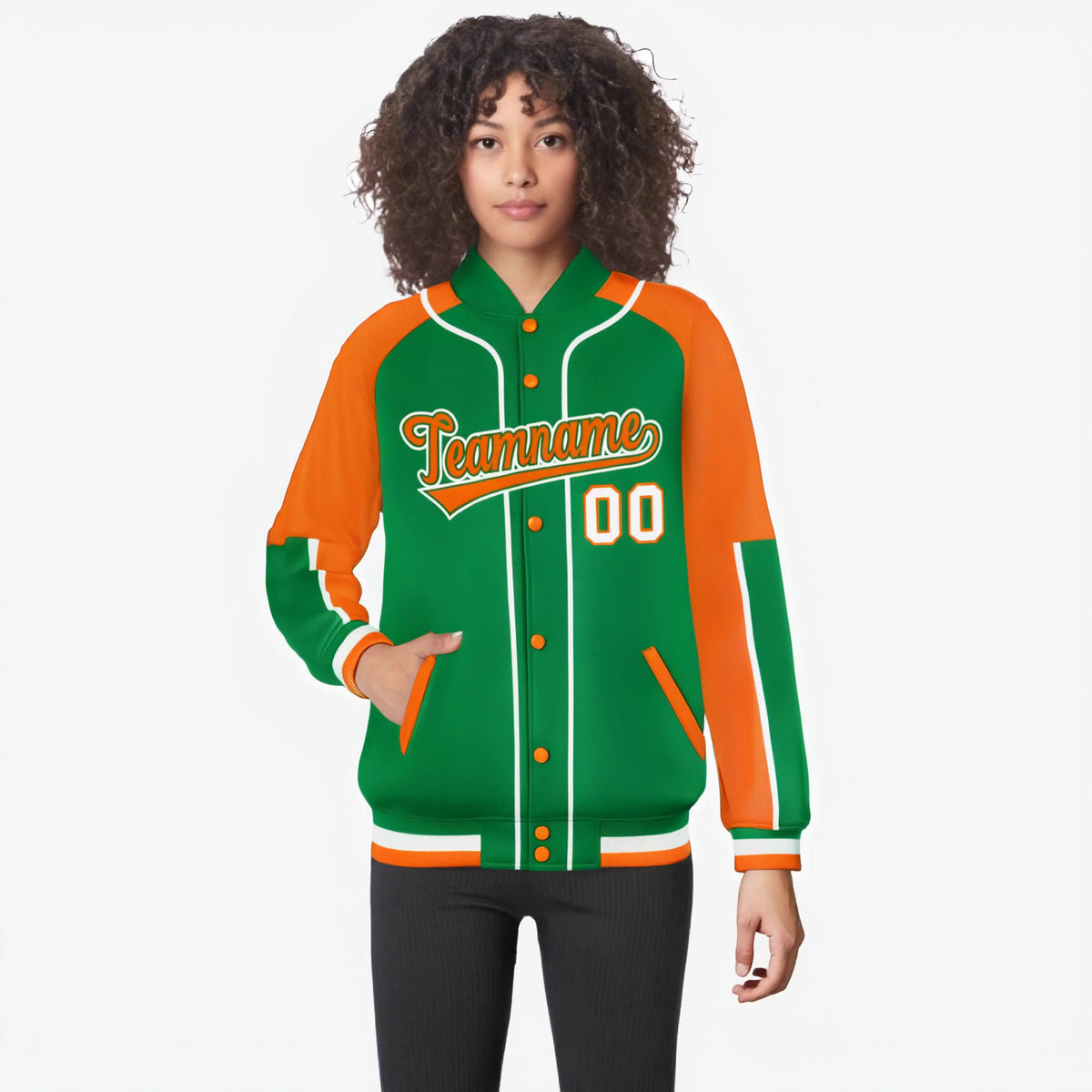 Custom Kelly Green Orange-Kelly Green Varsity Full-Snap Color Block Letterman Jacket