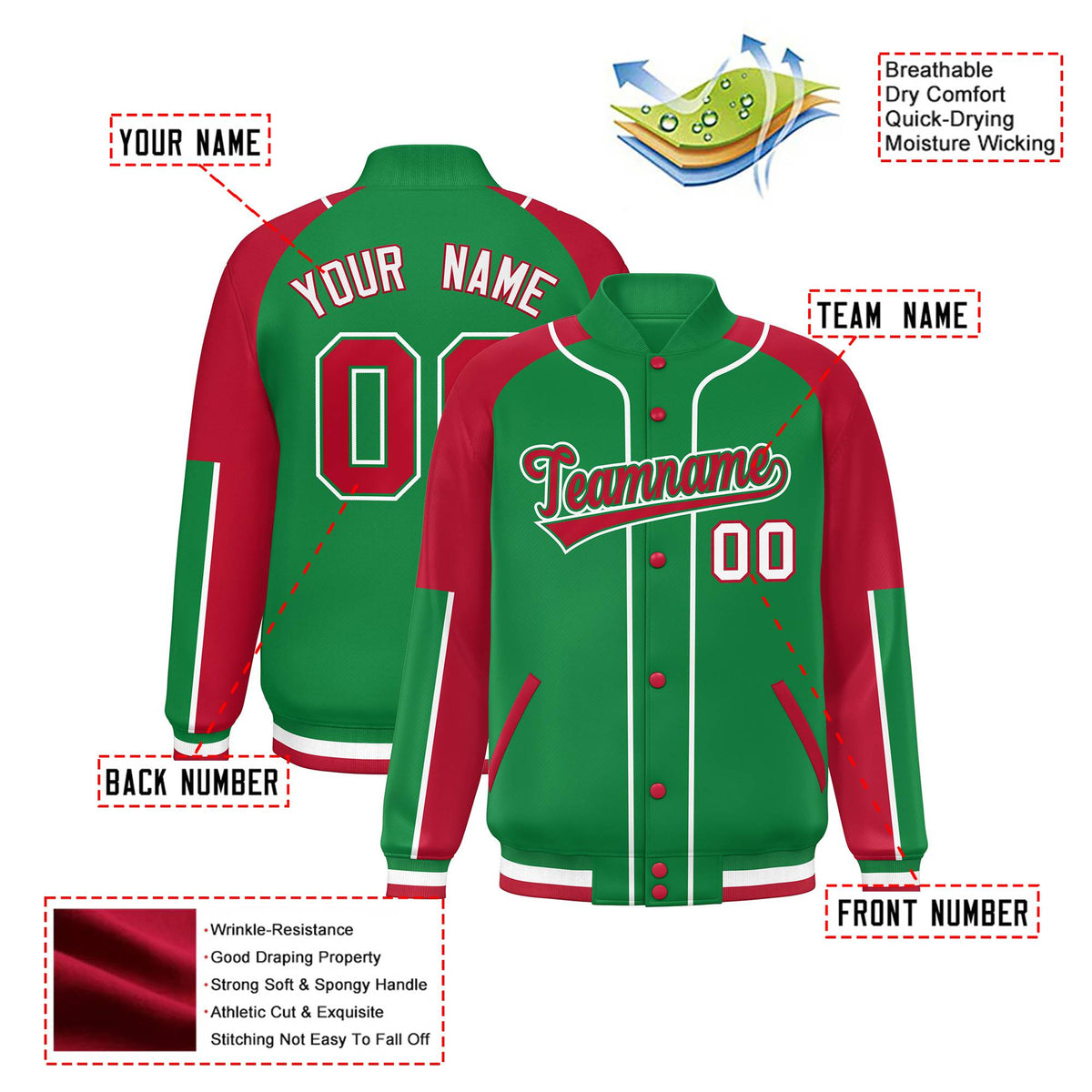 Custom Kelly Green Red-Kelly Green Varsity Full-Snap Color Block Letterman Jacket