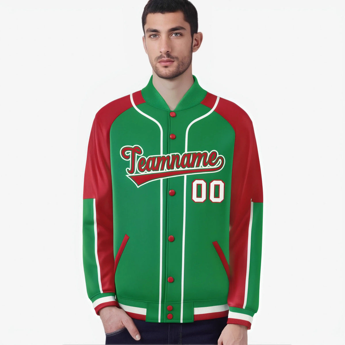 Custom Kelly Green Red-Kelly Green Varsity Full-Snap Color Block Letterman Jacket