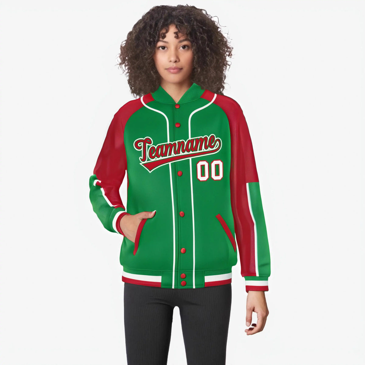 Custom Kelly Green Red-Kelly Green Varsity Full-Snap Color Block Letterman Jacket