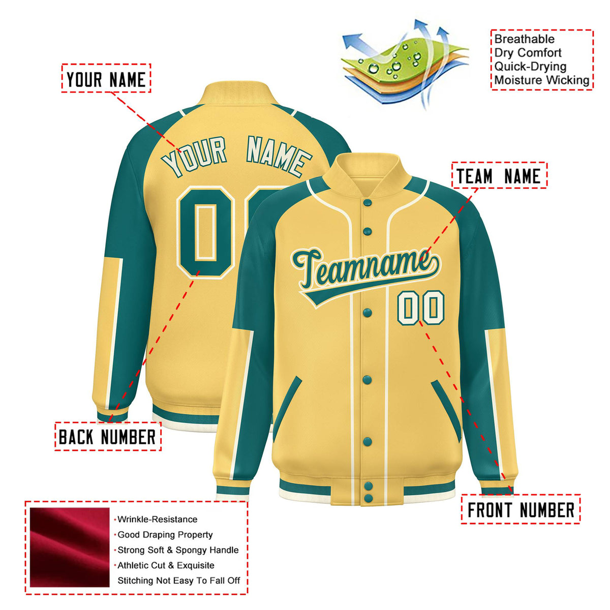 Custom Khaki Aqua-Khaki Varsity Full-Snap Color Block Letterman Jacket