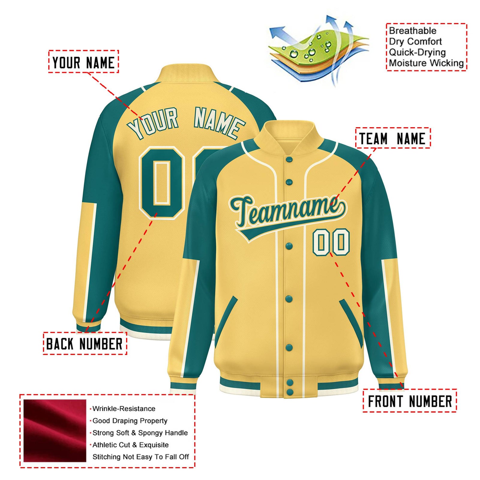 Custom Khaki Aqua-Khaki Varsity Full-Snap Color Block Letterman Jacket