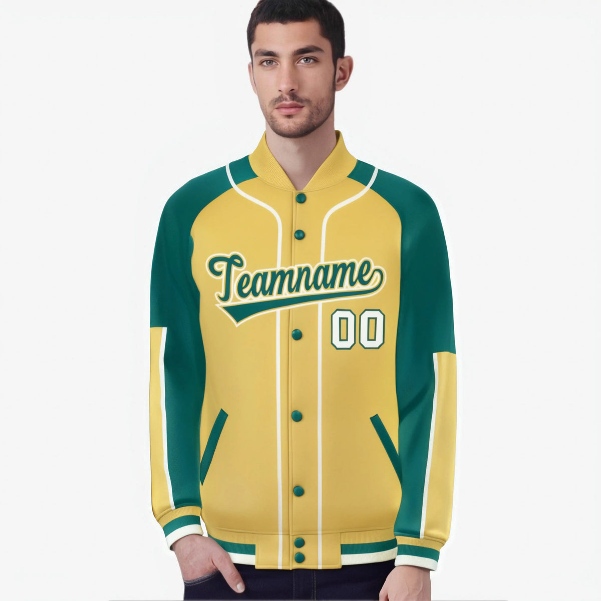 Custom Khaki Aqua-Khaki Varsity Full-Snap Color Block Letterman Jacket