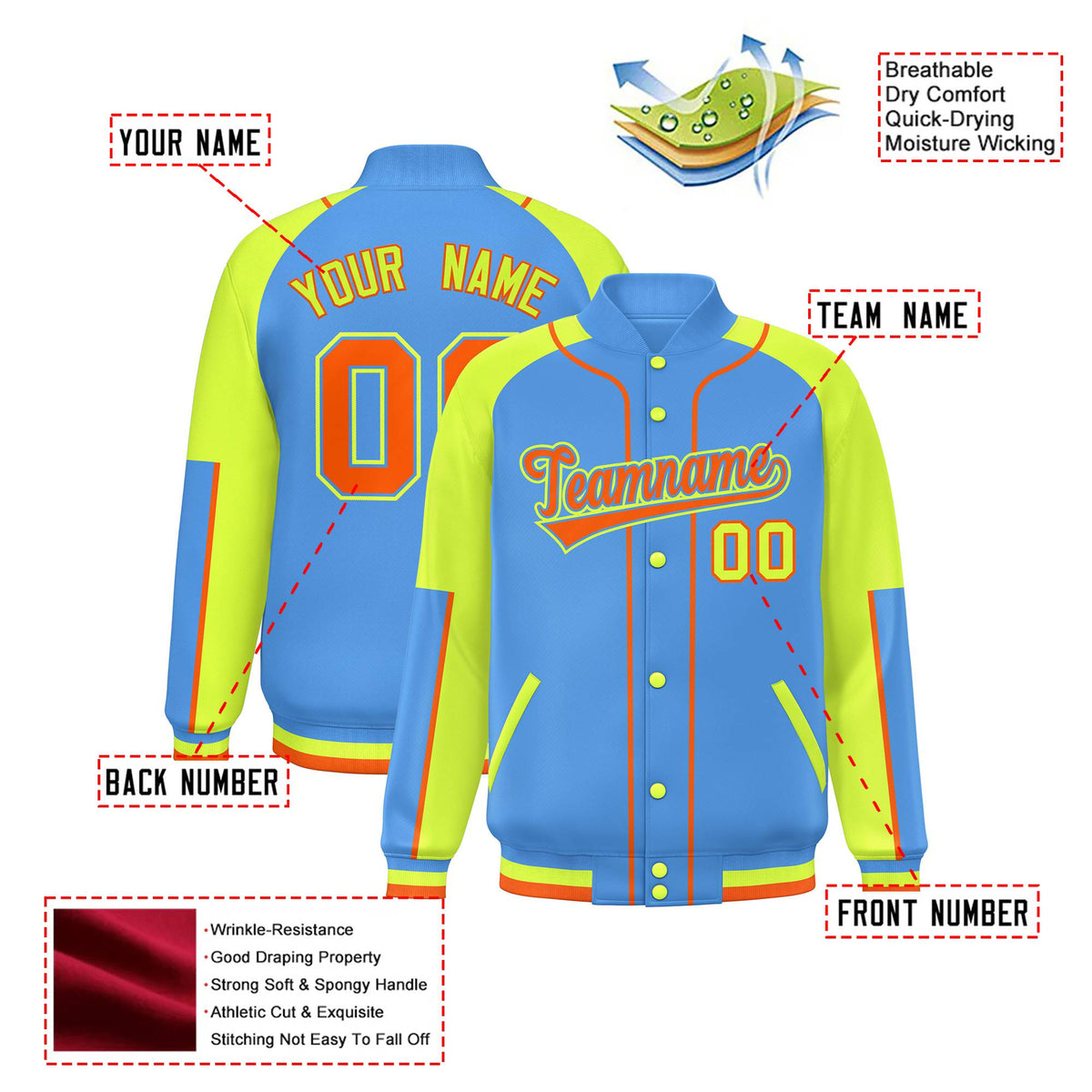 Custom Powder Blue Fluorescent Green-Powder Blue Varsity Full-Snap Color Block Letterman Jacket
