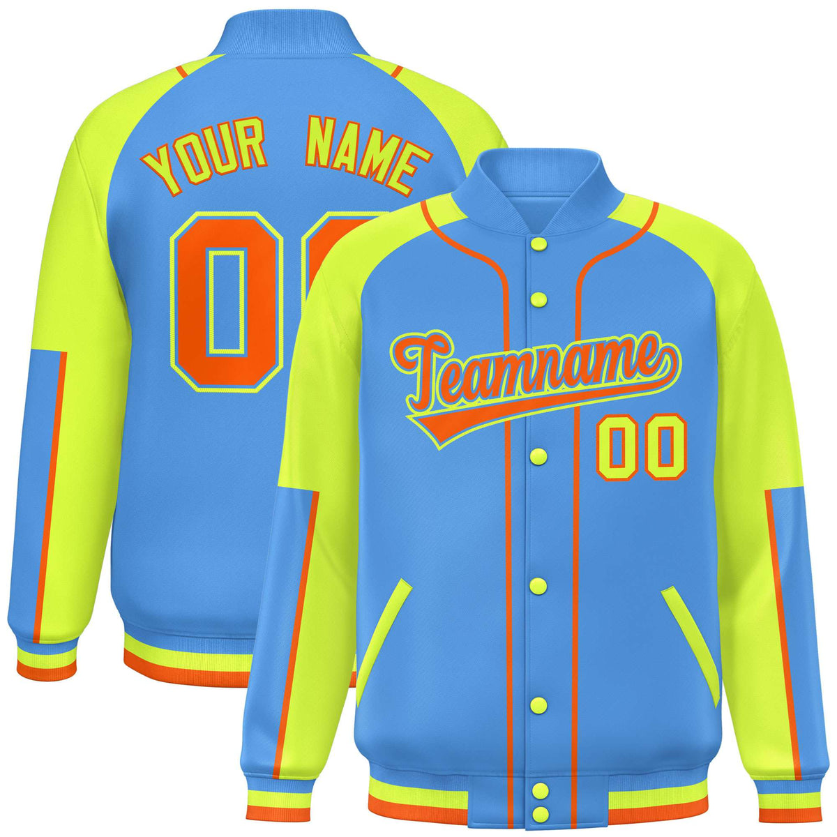 Custom Powder Blue Fluorescent Green-Powder Blue Varsity Full-Snap Color Block Letterman Jacket