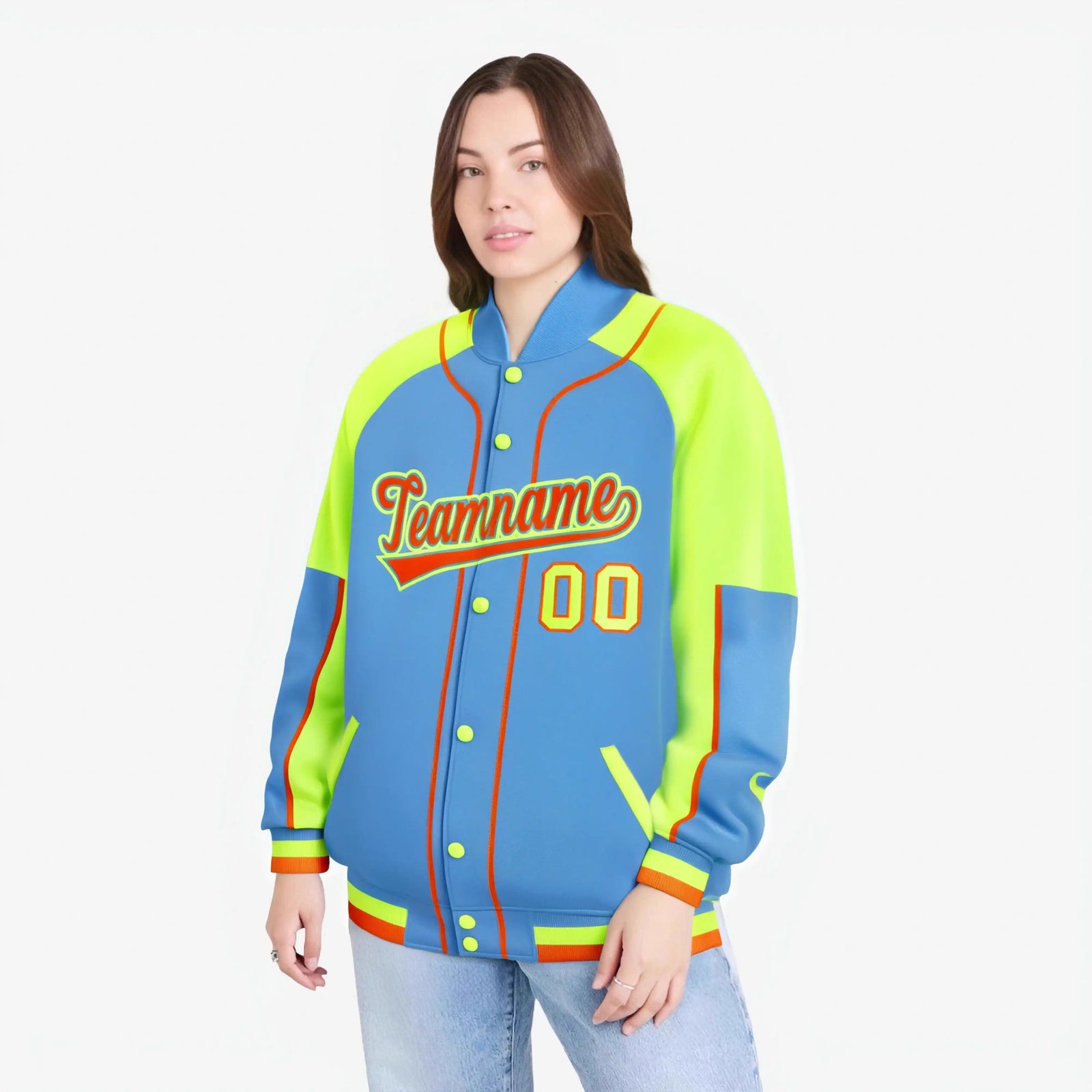 Custom Powder Blue Fluorescent Green-Powder Blue Varsity Full-Snap Color Block Letterman Jacket