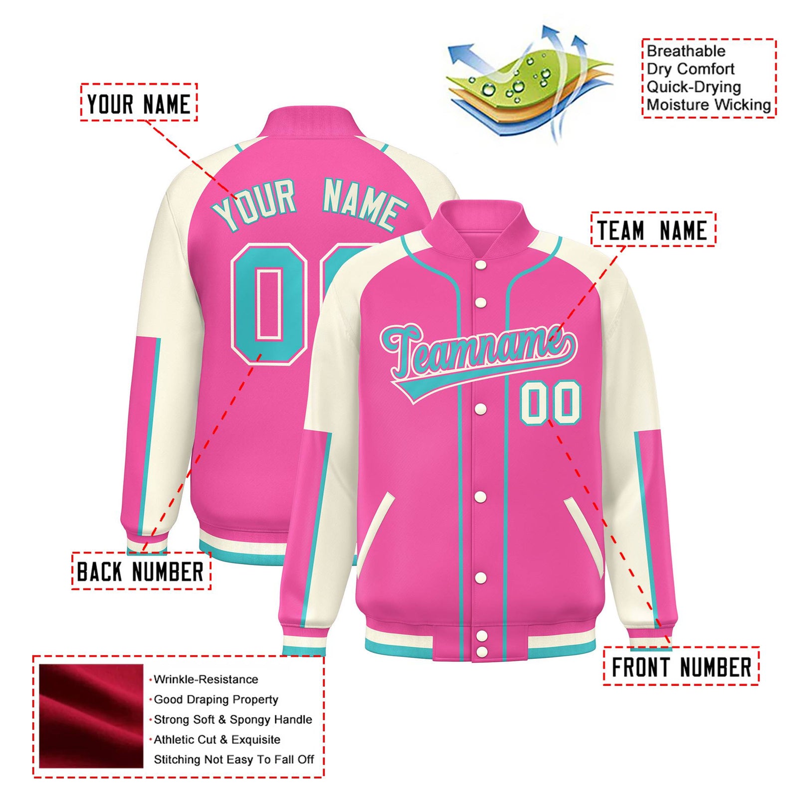 Custom Pink Cream-Pink Varsity Full-Snap Color Block Letterman Jacket