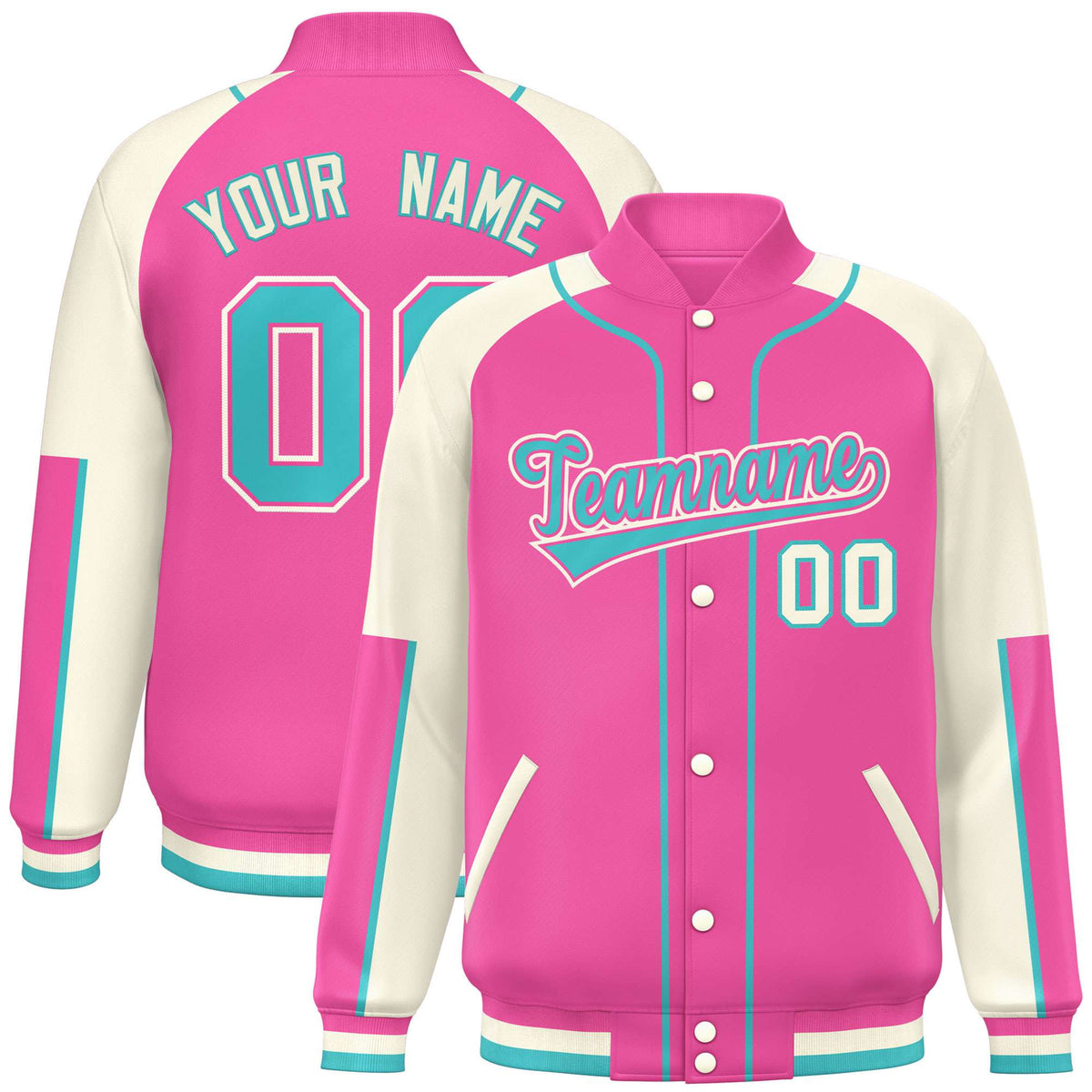 Custom Pink Cream-Pink Varsity Full-Snap Color Block Letterman Jacket