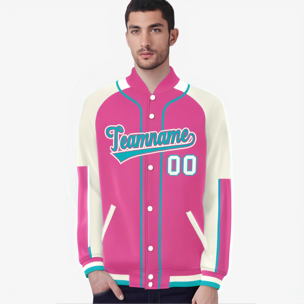 Custom Pink Cream-Pink Varsity Full-Snap Color Block Letterman Jacket