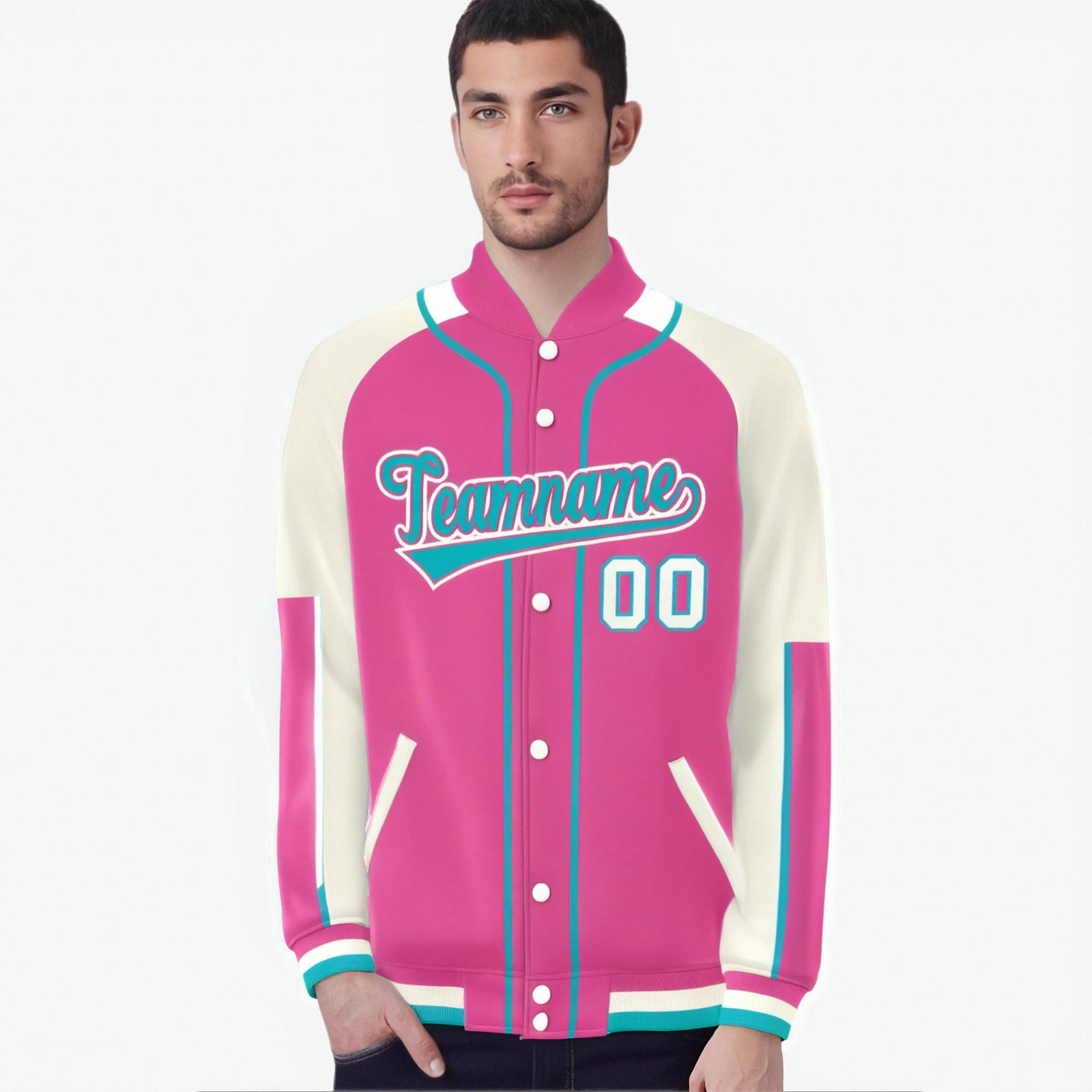 Custom Pink Cream-Pink Varsity Full-Snap Color Block Letterman Jacket