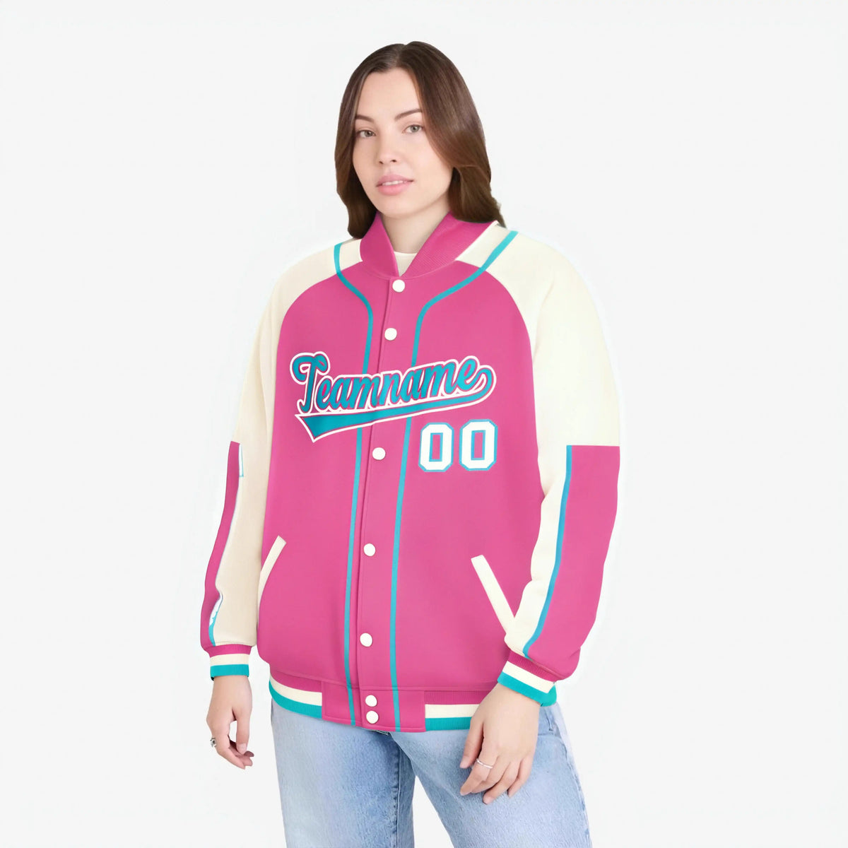 Custom Pink Cream-Pink Varsity Full-Snap Color Block Letterman Jacket