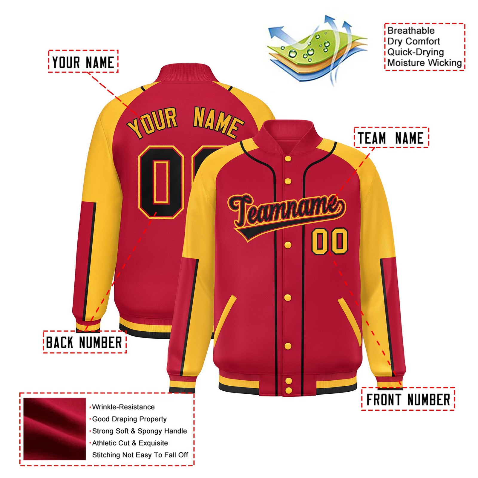 Custom Red Yellow-Red Varsity Full-Snap Color Block Letterman Jacket