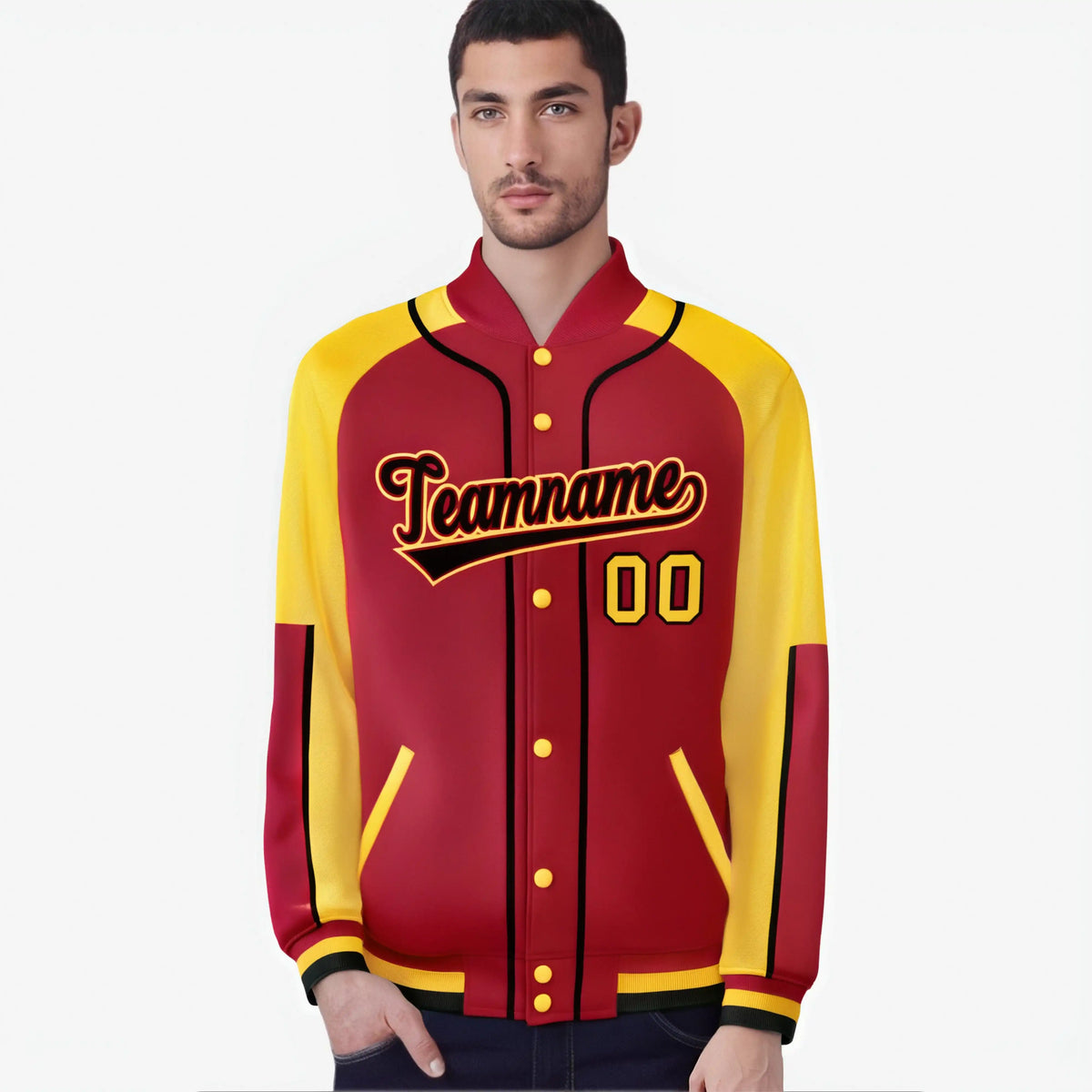 Custom Red Yellow-Red Varsity Full-Snap Color Block Letterman Jacket