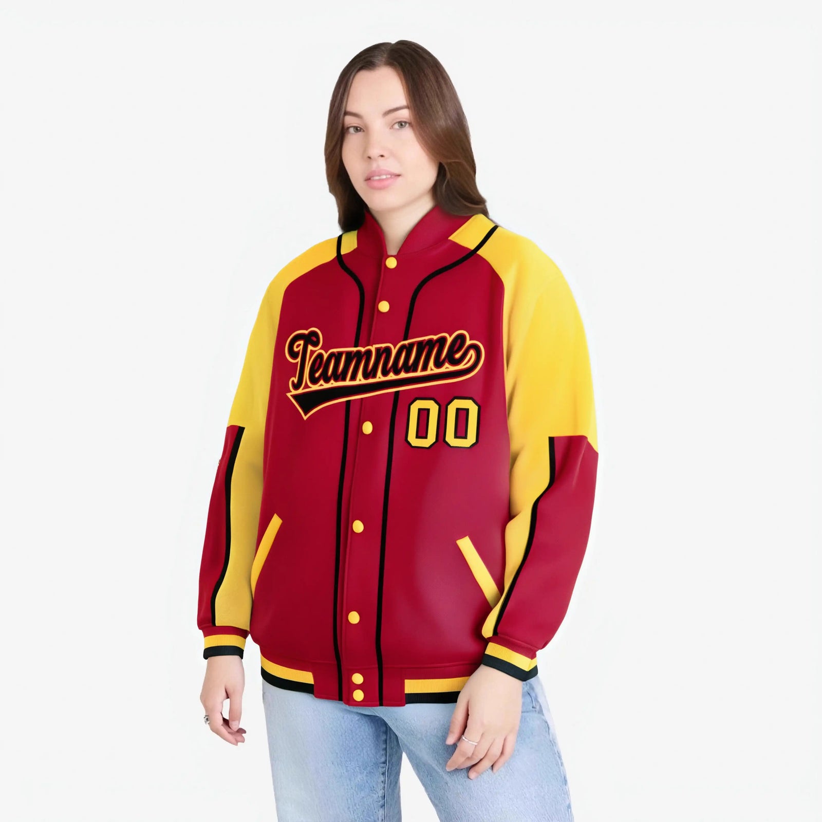 Custom Red Yellow-Red Varsity Full-Snap Color Block Letterman Jacket