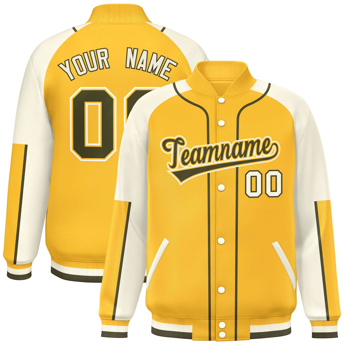 Custom Gold Cream-Gold Varsity Full-Snap Color Block Letterman Jacket