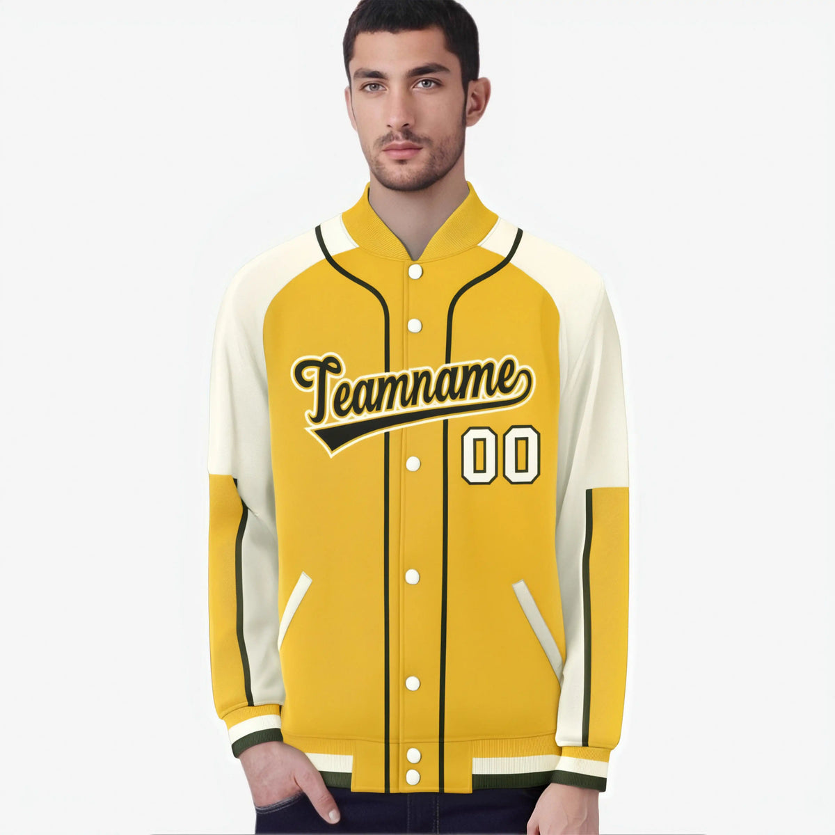 Custom Gold Cream-Gold Varsity Full-Snap Color Block Letterman Jacket
