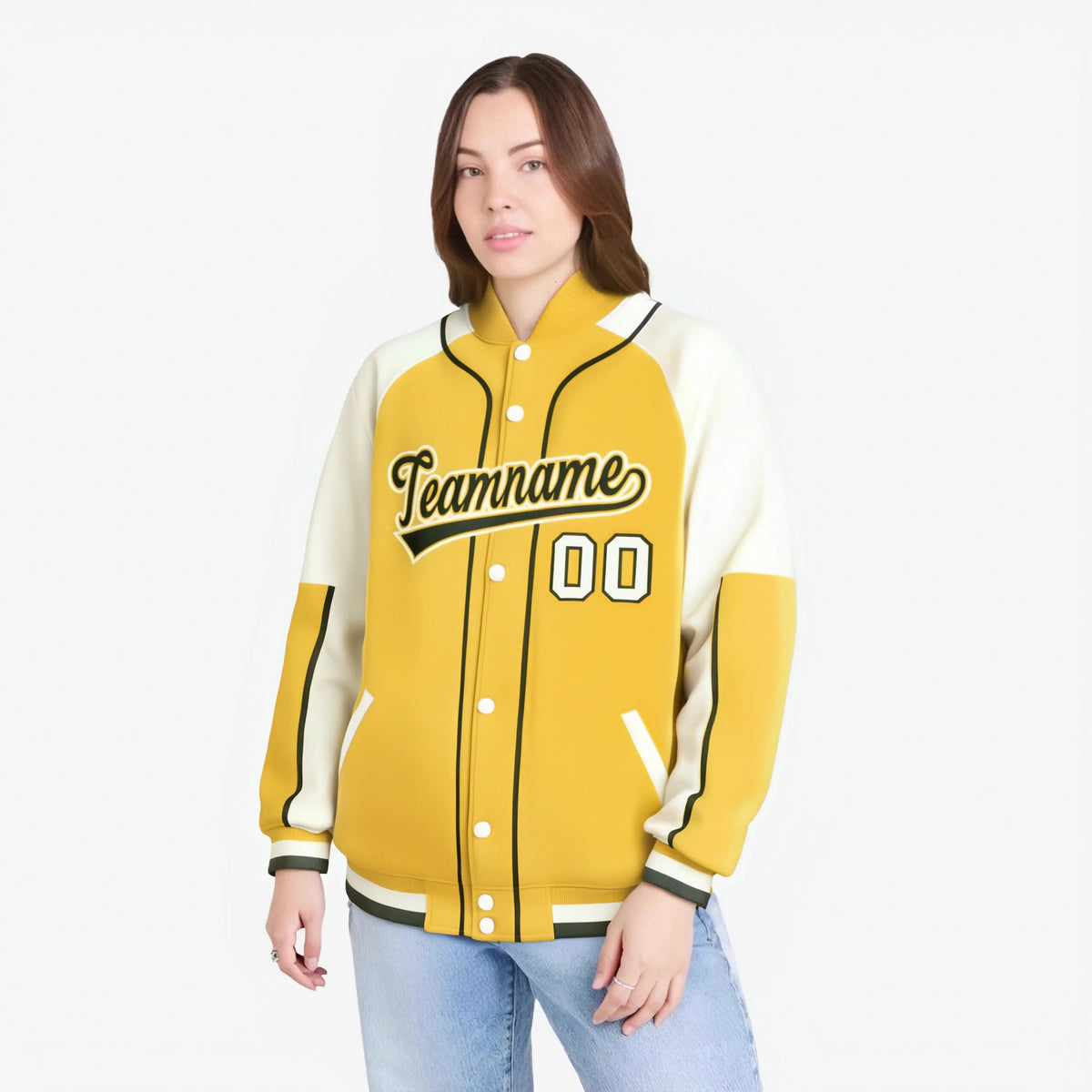 Custom Gold Cream-Gold Varsity Full-Snap Color Block Letterman Jacket