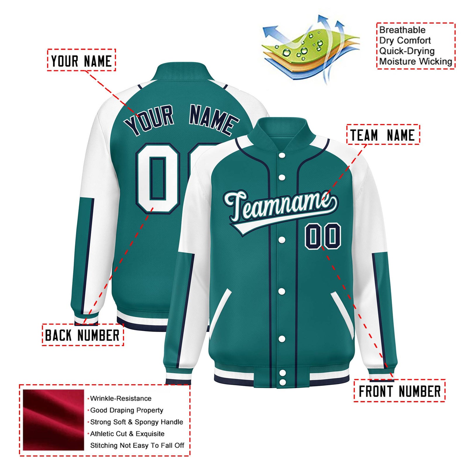 Custom Aqua White-Aqua Varsity Full-Snap Color Block Letterman Jacket