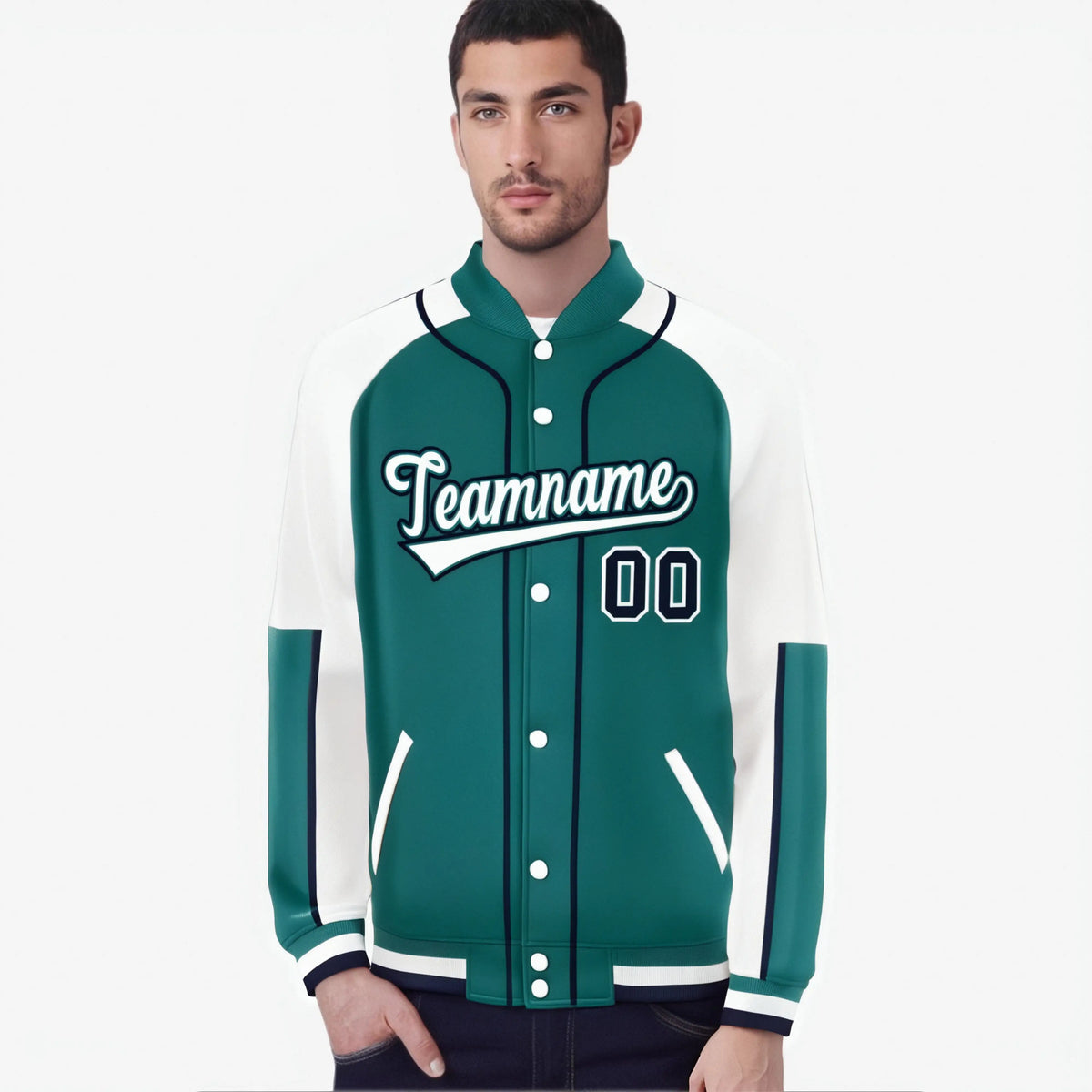 Custom Aqua White-Aqua Varsity Full-Snap Color Block Letterman Jacket