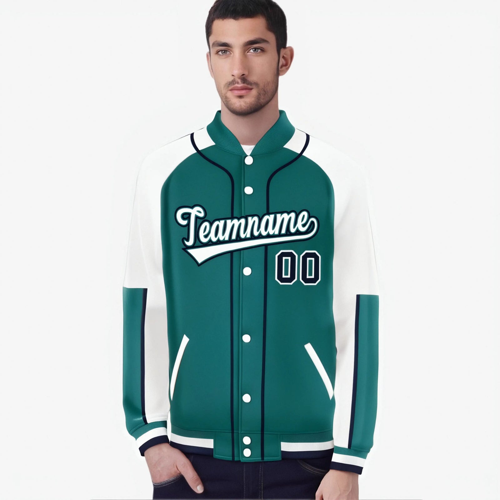 Custom Aqua White-Aqua Varsity Full-Snap Color Block Letterman Jacket