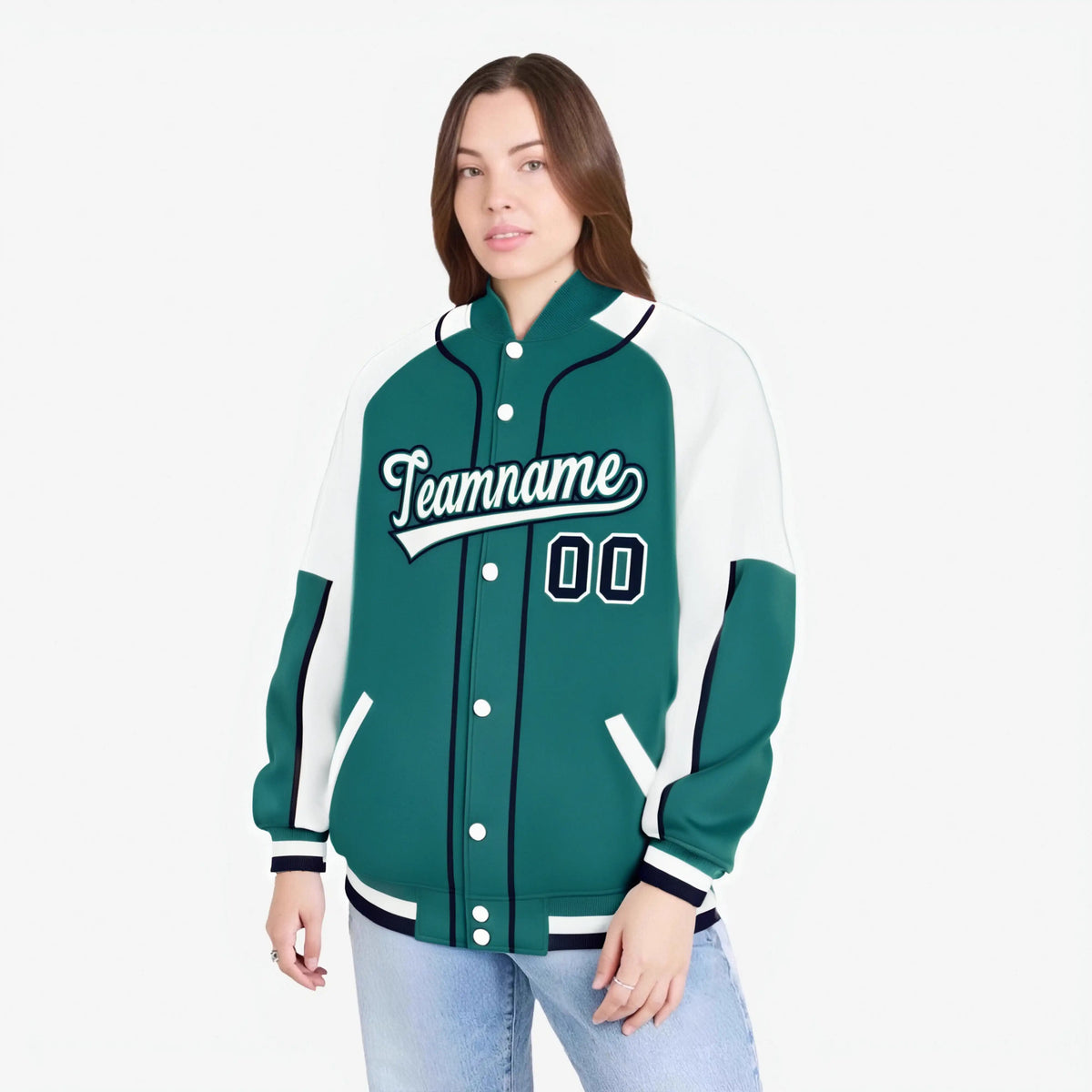 Custom Aqua White-Aqua Varsity Full-Snap Color Block Letterman Jacket