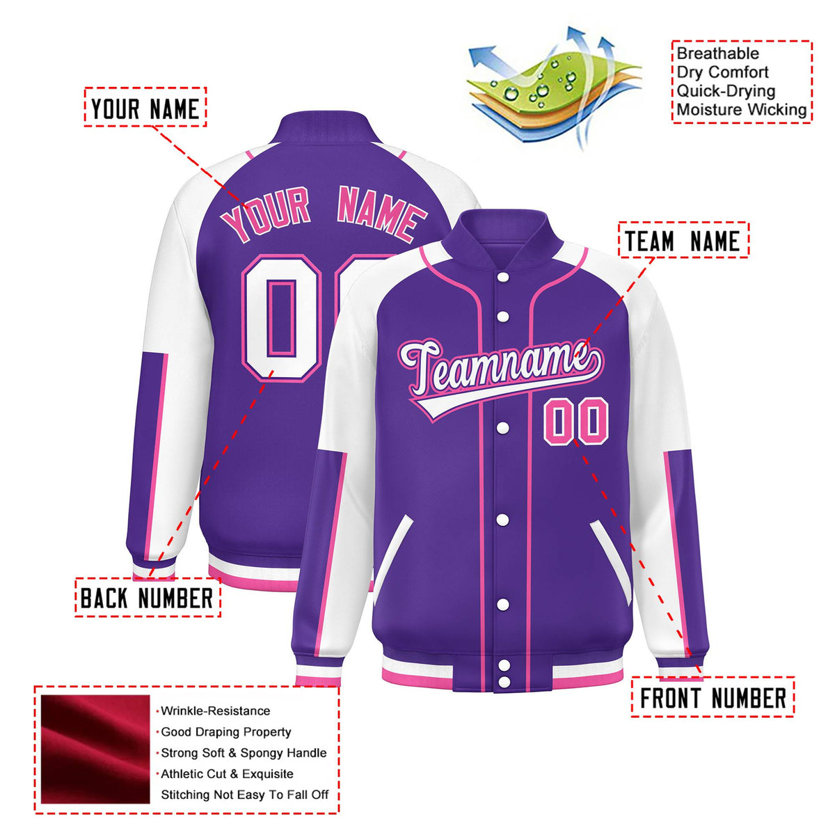 Custom Purple White-Purple Varsity Full-Snap Color Block Letterman Jacket
