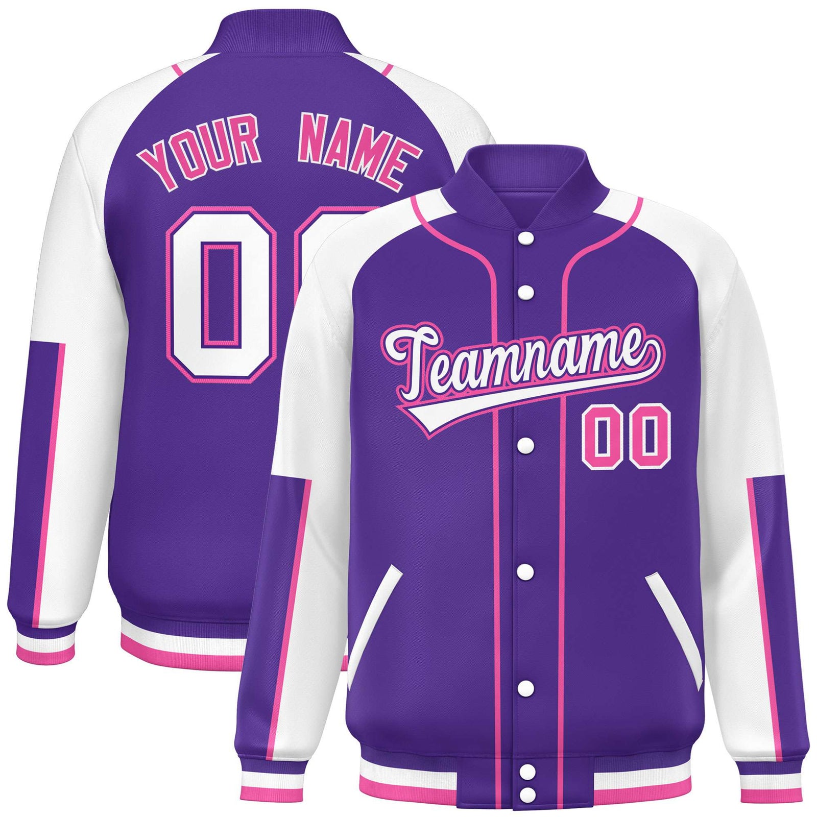 Custom Purple White-Purple Varsity Full-Snap Color Block Letterman Jacket