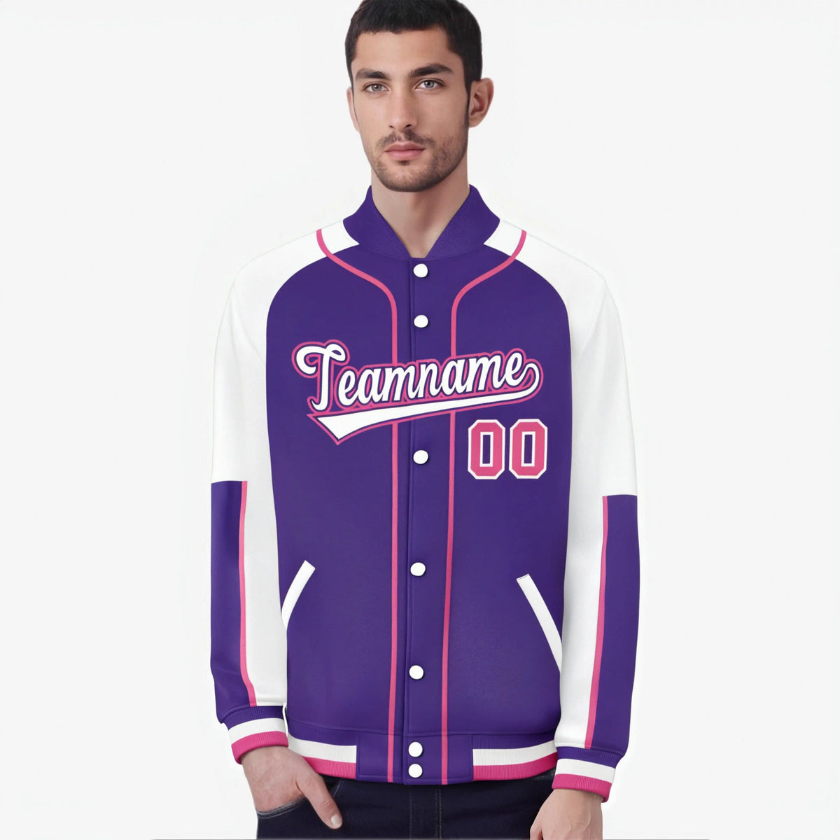 Custom Purple White-Purple Varsity Full-Snap Color Block Letterman Jacket