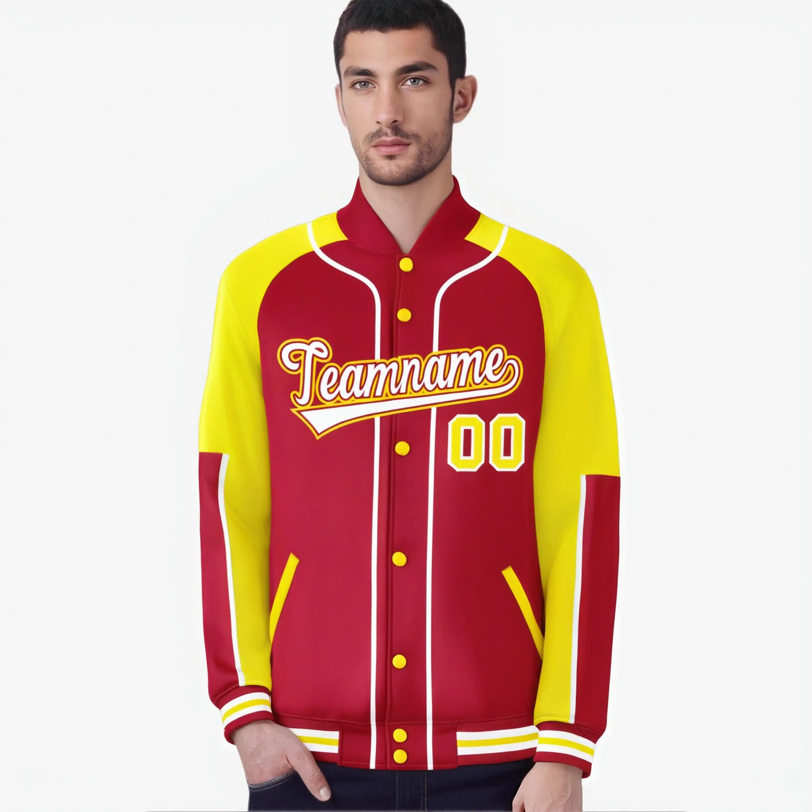 Custom Red Gold-Red Varsity Full-Snap Color Block Letterman Jacket