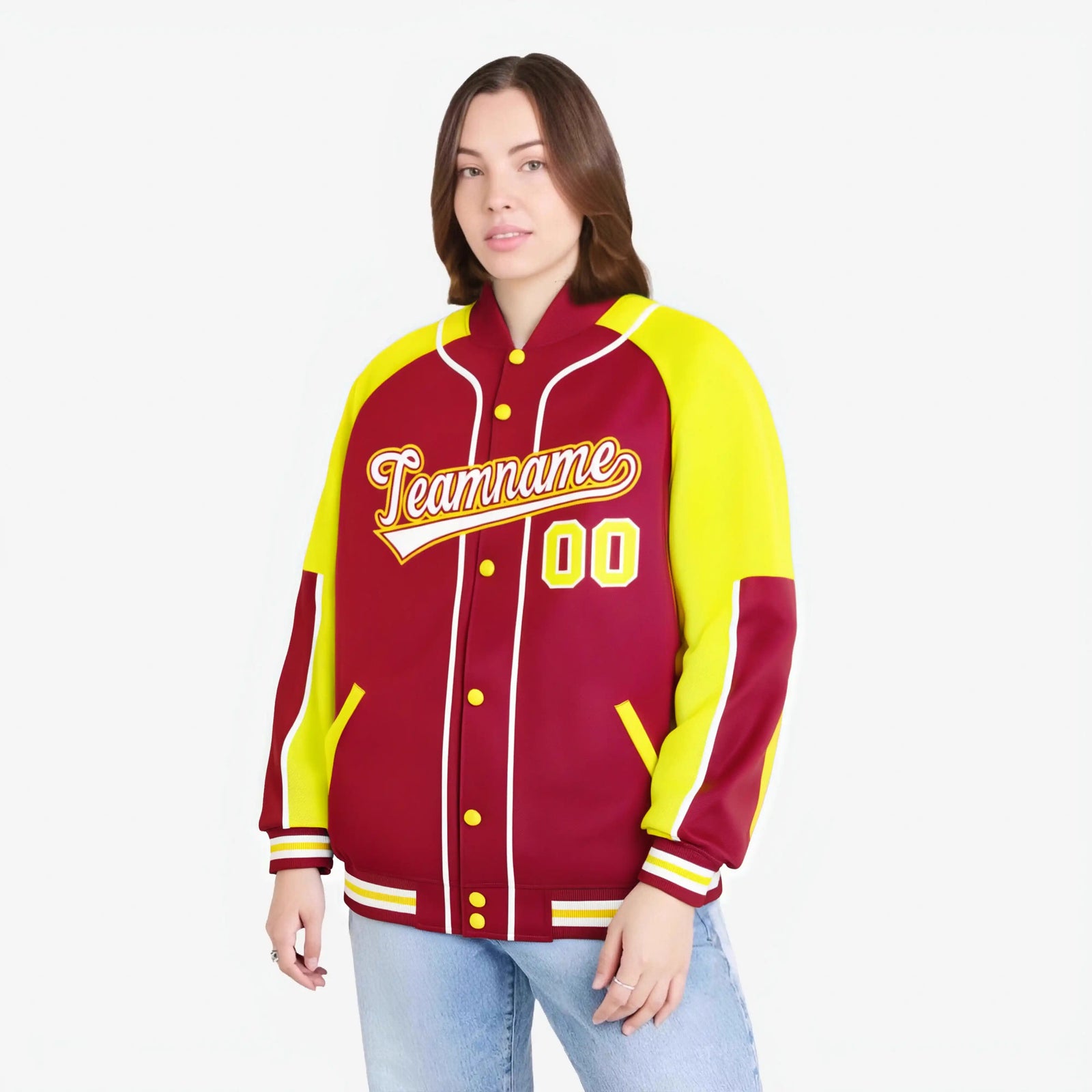 Custom Red Gold-Red Varsity Full-Snap Color Block Letterman Jacket