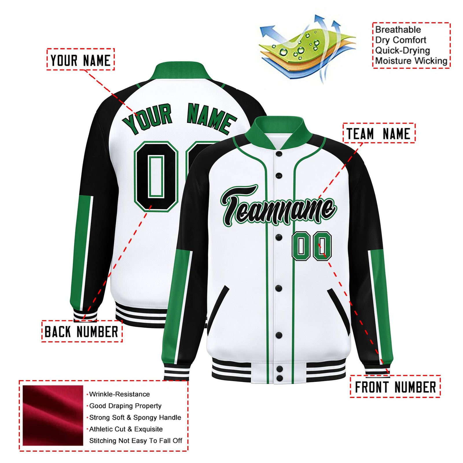 Custom White Black-Kelly Green Varsity Full-Snap Color Block Letterman Jacket
