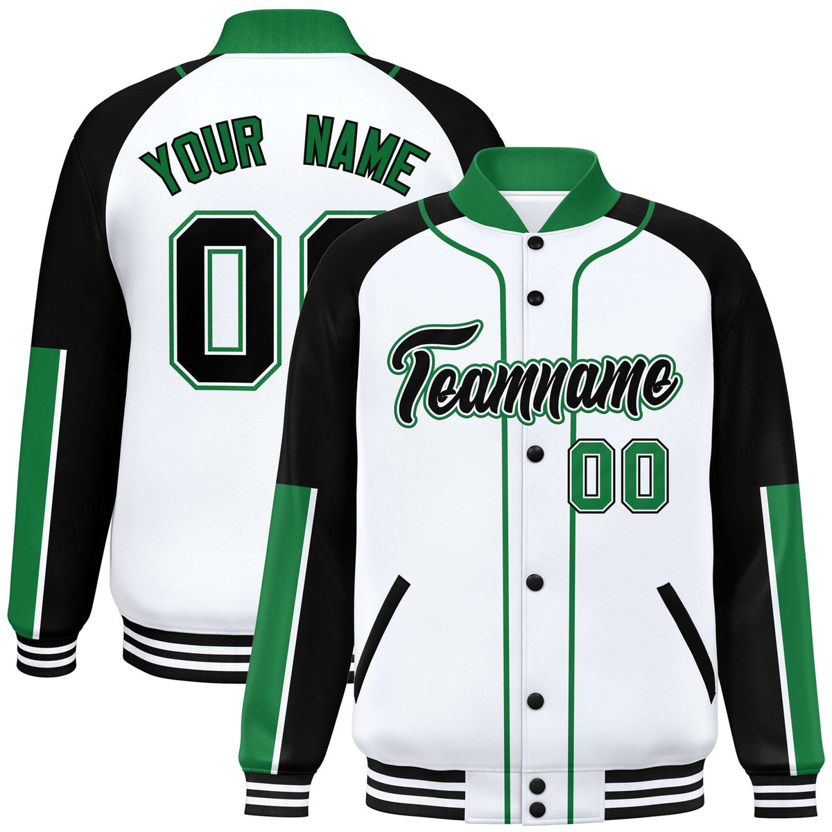Custom White Black-Kelly Green Varsity Full-Snap Color Block Letterman Jacket