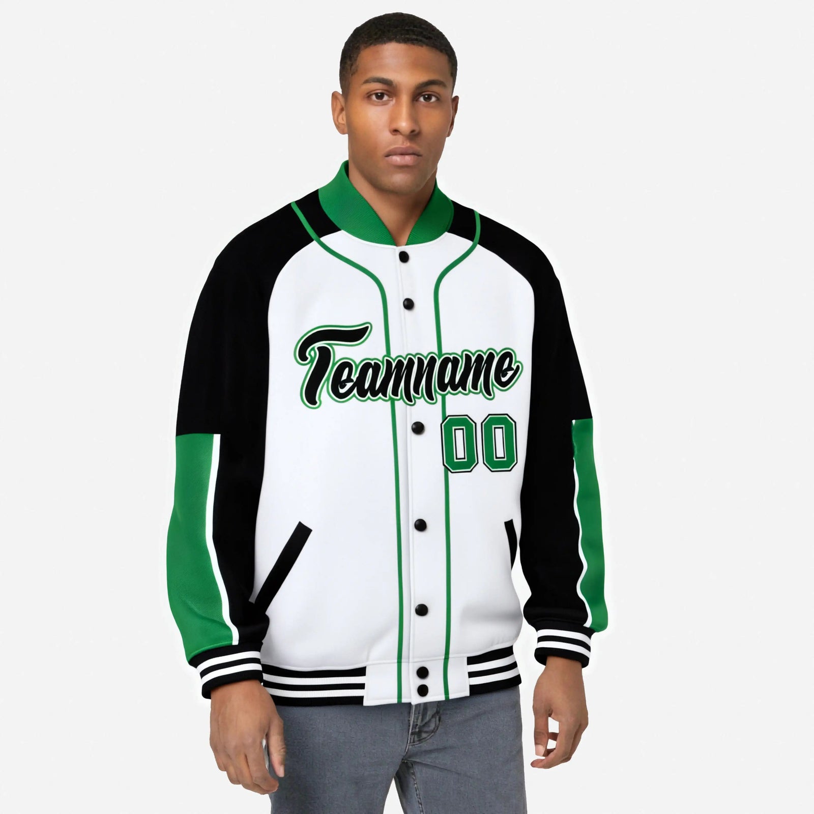 Custom White Black-Kelly Green Varsity Full-Snap Color Block Letterman Jacket