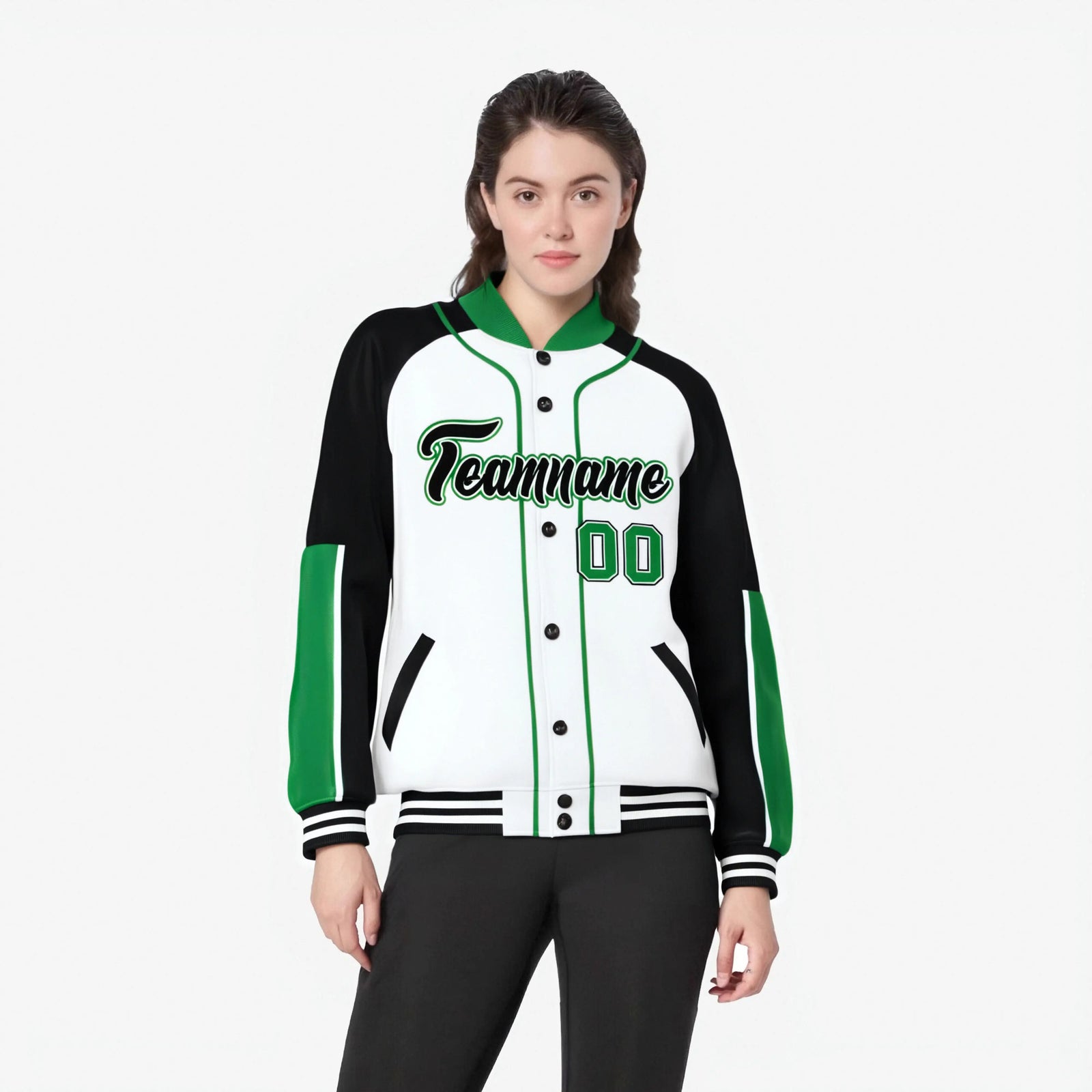 Custom White Black-Kelly Green Varsity Full-Snap Color Block Letterman Jacket