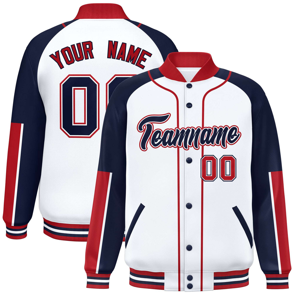 Custom White Navy-Red Varsity Full-Snap Color Block Letterman Jacket
