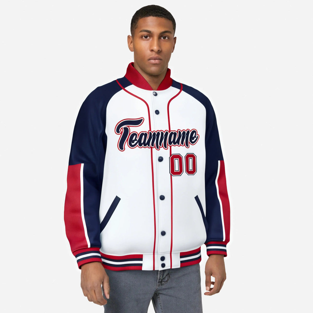 Custom White Navy-Red Varsity Full-Snap Color Block Letterman Jacket