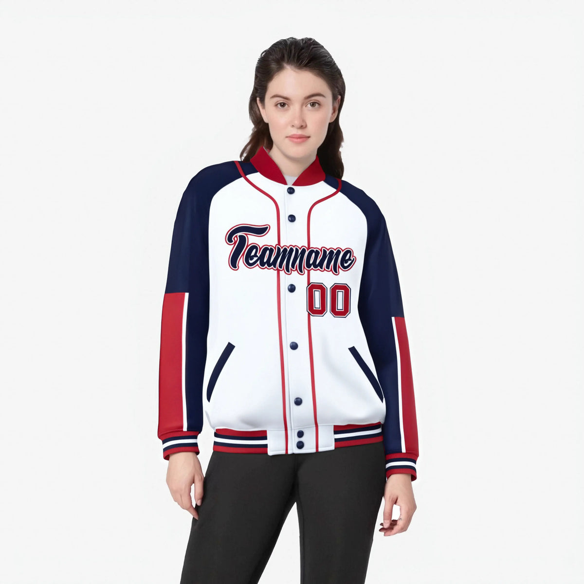 Custom White Navy-Red Varsity Full-Snap Color Block Letterman Jacket