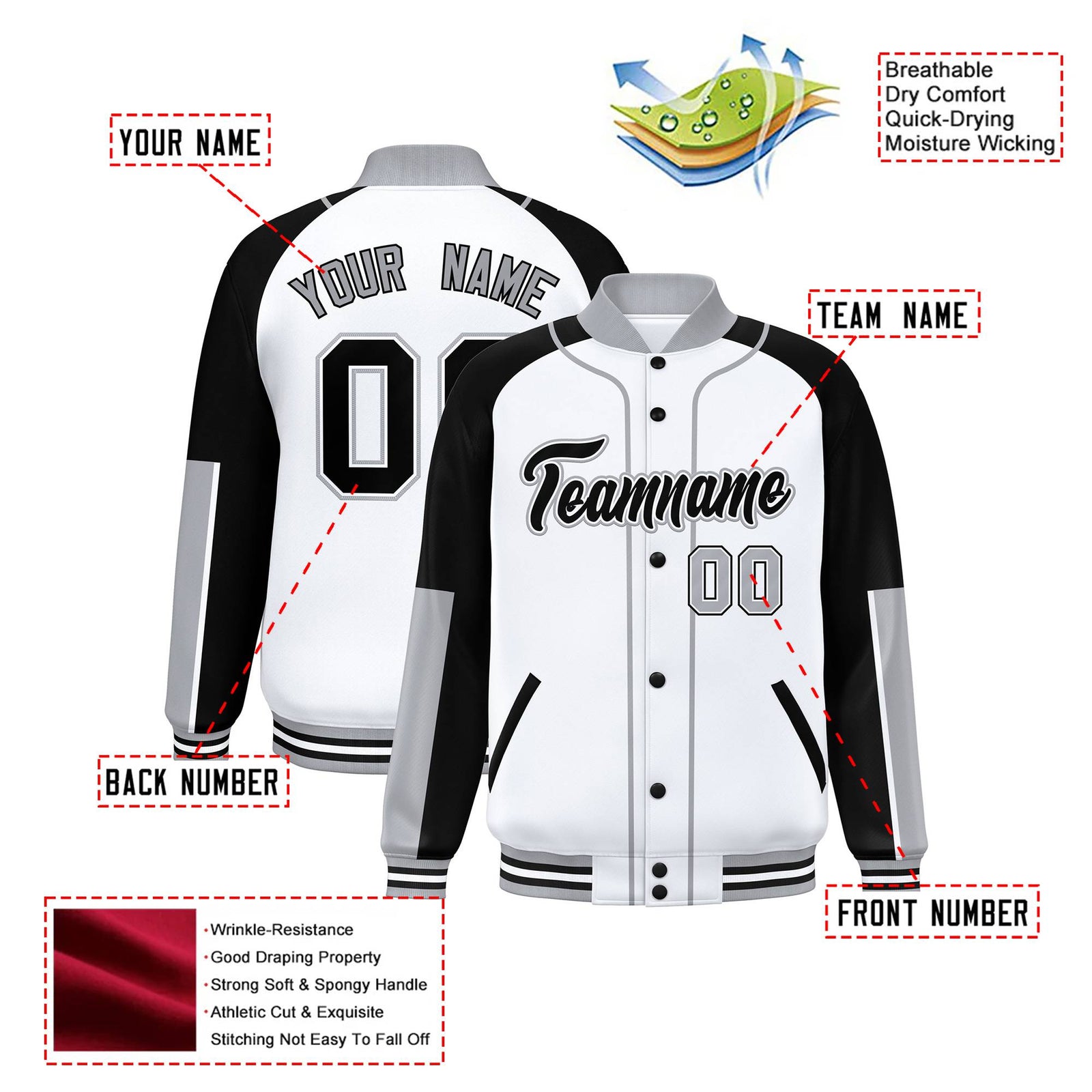 Custom White Black-Gray Varsity Full-Snap Color Block Letterman Jacket