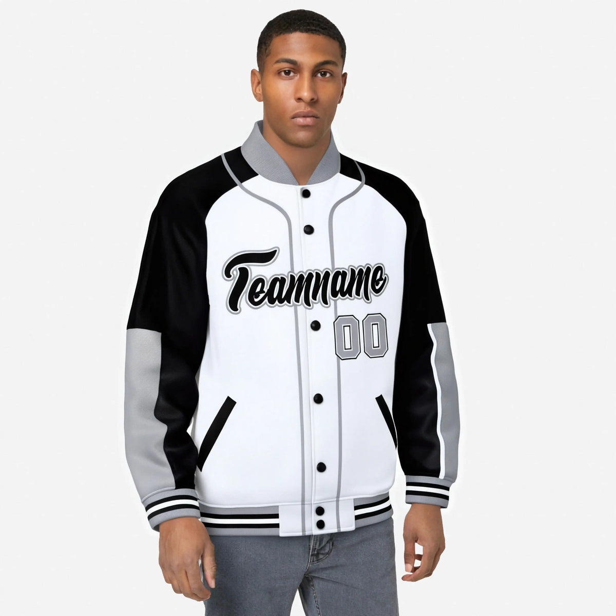 Custom White Black-Gray Varsity Full-Snap Color Block Letterman Jacket