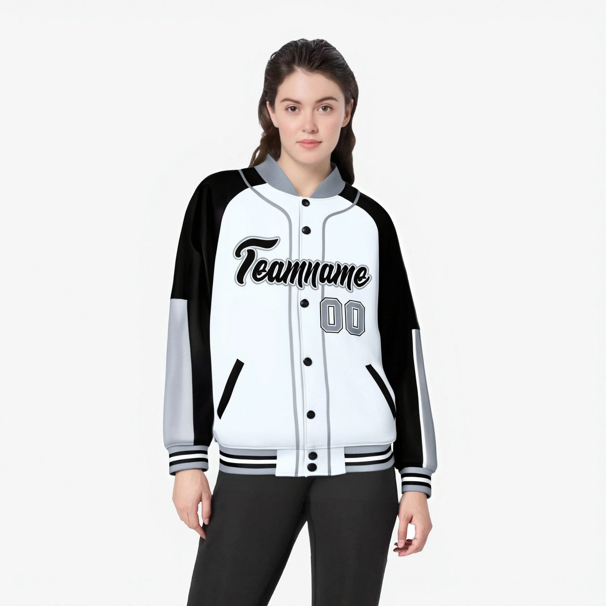 Custom White Black-Gray Varsity Full-Snap Color Block Letterman Jacket