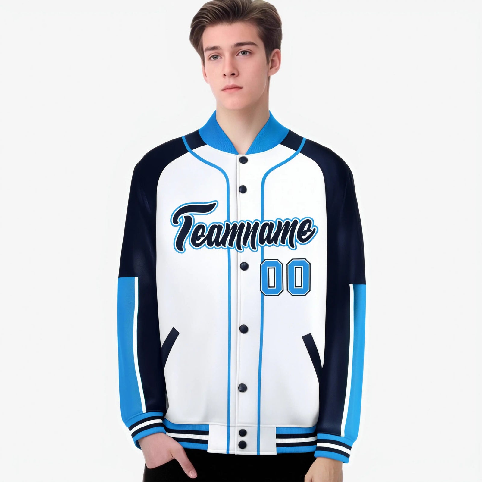 Custom White Navy-Powder Blue Varsity Full-Snap Color Block Letterman Jacket